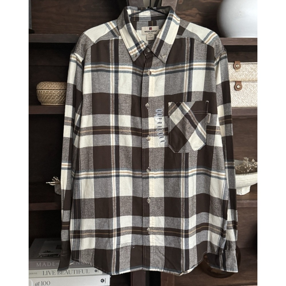 Woolrich Men's Size L Flannel Shirt Brown Plaid Long Sleeve Casual NWOT